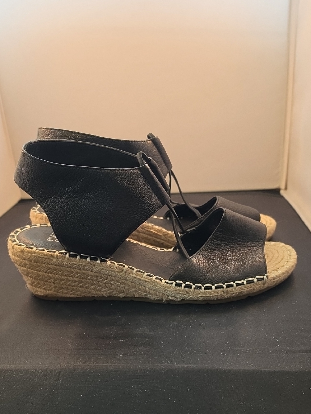 Eileen Fisher Agnes Black Leather Espadrille Slingback Wedges